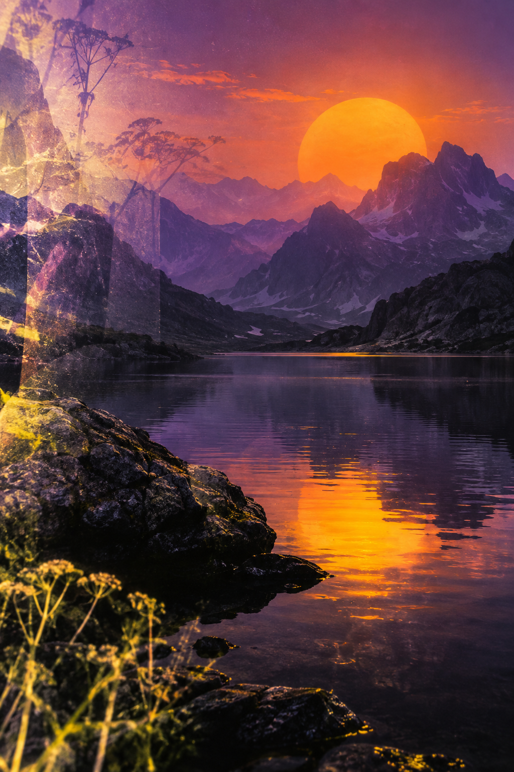 Paesaggio onirico tra riflessi fluo, arancio e viola